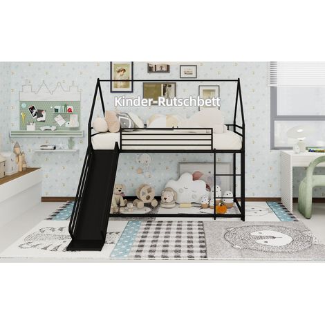 Lit superposé enfant 90x190 cm en forme de maison avec échelle et toboggan, sans matelas, à monter pour chambre et salle de jeux (1/5)