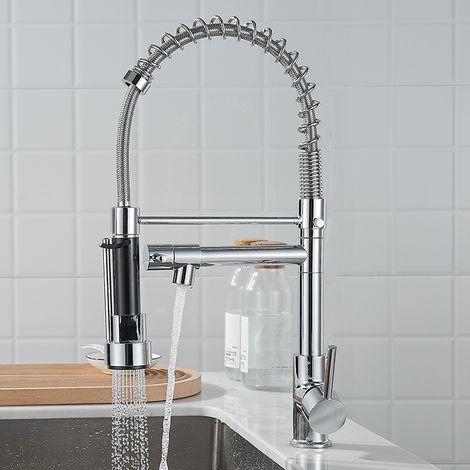 Robinet Cuisine avec 2 Jets Robinetterie à Ressort Cuisine Extensible Pivotant à 360 Robinets d'évier de Cuisine Chromé (1/5)