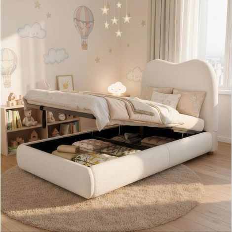 Cama infantil tapizada estilo cuento bouclé beige 90x200 cm con cabecero, somier de láminas y arcón hidráulico (1/5)
