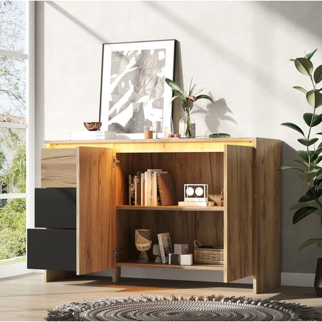 Sideboard 105x40x76 cm Natur+Schwarz aus Spanplatte mit mehrfarbiger LED-Beleuchtung und verstellbarem Stauraum (1/5)