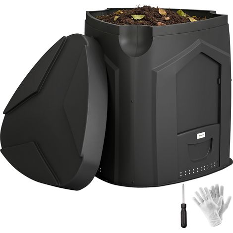 240-Liter-Kompostbehälter, Outdoor-Komposter aus recyceltem Kunststoff, 3 Öffnungen, mehrere Belüftungslöcher, Abmessungen 78x75x78 cm, Farbe schwarz, für Gartenabfälle.
