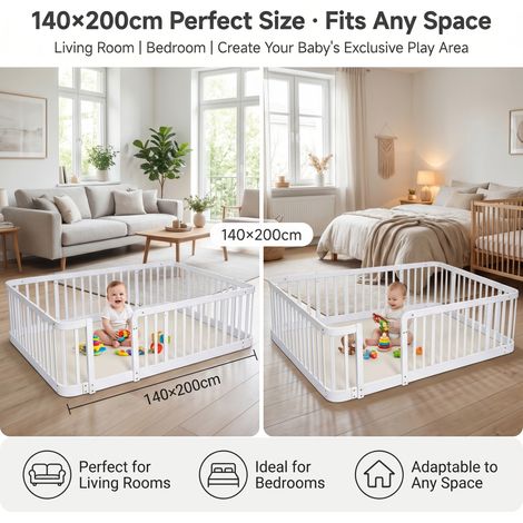 Parc bébé blanc 140×200cm,espacement barres 7cm,bords arrondis et sol protecteur. Barrière multi-usage pour la maison.