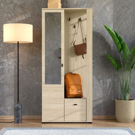 Mobile da Ingresso Vique, Specchio Incluso, 6 Ripiani, Appendiabiti, 87x36x197h cm Marrone Rovere (1/5)
