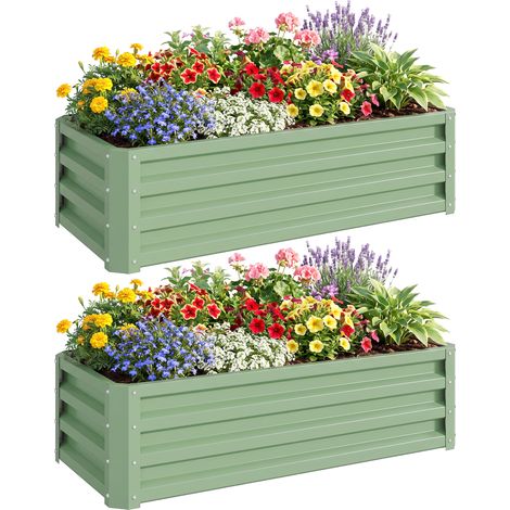 Outsunny Outdoor Planter Box, Steel Raised Garden Bed, Set of 2 Light Green