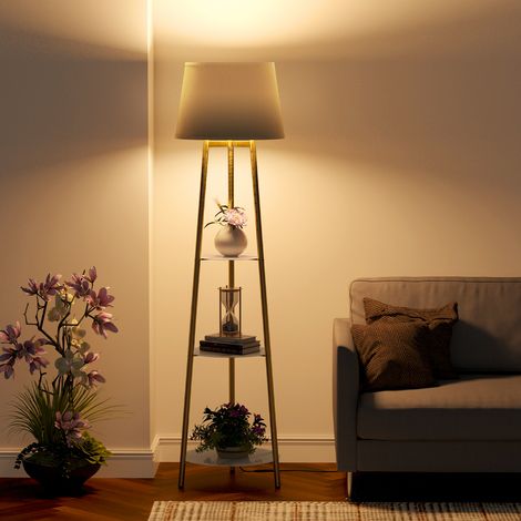 UNHO Stehlampe gold Leuchtenständer mit 3 Marmor Plexiglas Regalen Stehleuchte 3000K Marmor Plexiglas (1/5)