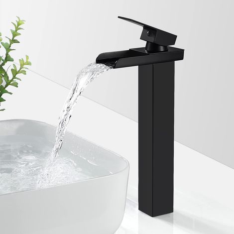 Robinet Salle Bain Cascade Noir Mat, Mitigeur Lavabo Cascade Haut, Robinet Lavabo avec bec Hauteur, Robinetterie Vasque à Poser Carré en Laiton, Eau Froide & Chaude Disponible, G 3/8 (1/5)