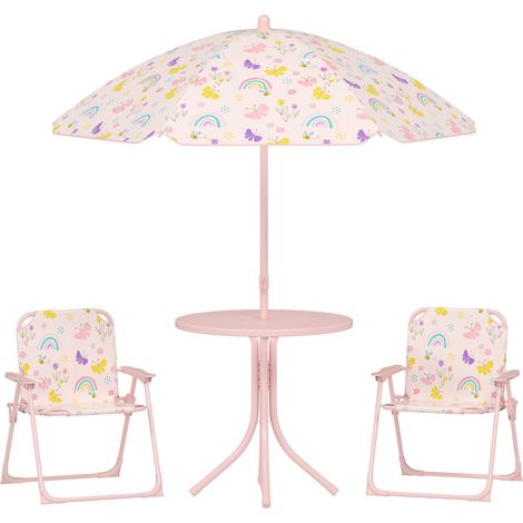 Set da Giardino per Bambini 2-5 Anni con Tavolino 2 Sedie e un Ombrellone Rosa (1/5)