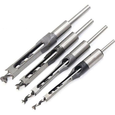 Jeu de 4 bédanes pour foret à trou carré, bédanes creux en acier - Outils de menuiserie, tailles 1/4, 5/16, 3/8 et 1/2 pouces (1/5)