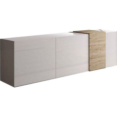 Dmora - Mobile porta TV Sidr, Credenza da soggiorno, Armadio basso per TV, Base parete attrezzata, Made in Italy, 181x44 h59 cm, Bianco lucido e Rovere (1/5)