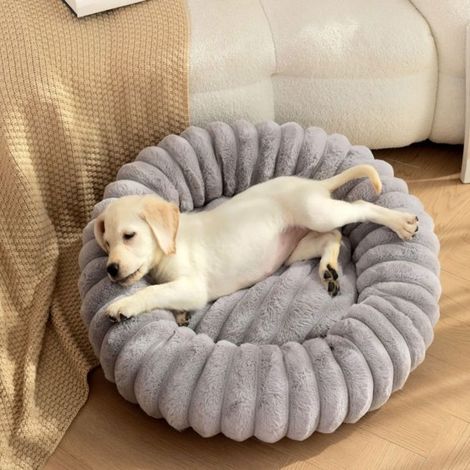 Lit Beignet pour Chat -80cm Coussin Rond Apaisant en Peluche, Lavable avec Fond Antidérapant pour Chaton,Chiot-gris (1/5)