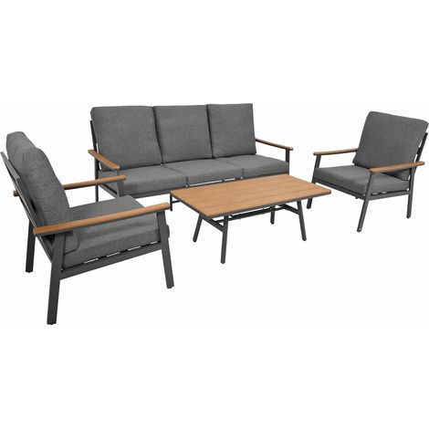 CALGARY: Lounge - Set  (1x Sofa, 2x Sessel,  Loungetisch 120x57cm)  Aluminium dunkelgrau + Kunstholz braun, mit Polsterauflagen grau
