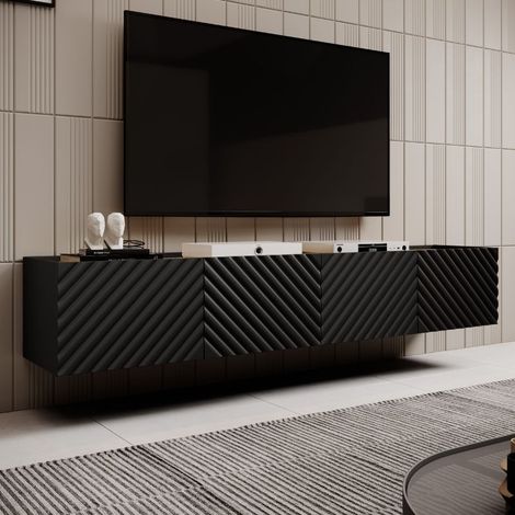 Meuble TV suspendu noir 200 cm 4 portes en relief Emile (1/4)