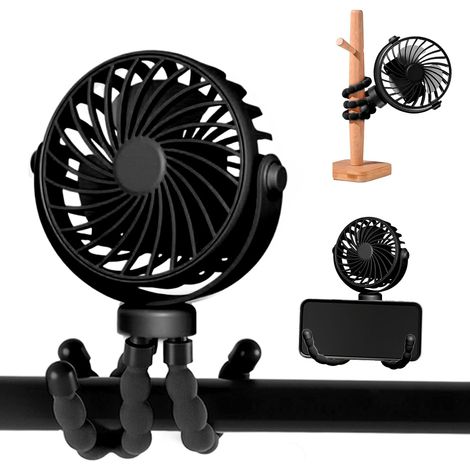 Tragbarer Kinderwagenventilator, USB-aufladbarer Ventilator, Mini-Ventilator mit flexiblem Stativ, 360° drehbar, 3 Geschwindigkeitsstufen für Reisen, Sitz, Schlafzimmer (Schwarz) (1/5)
