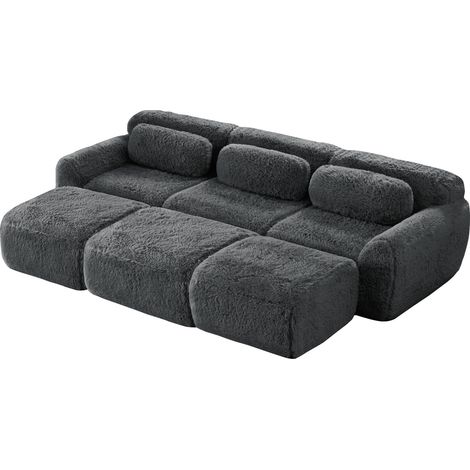 Sofá modular de 3 plazas en tejido efecto peluche gris con 3 pufs (1/5)