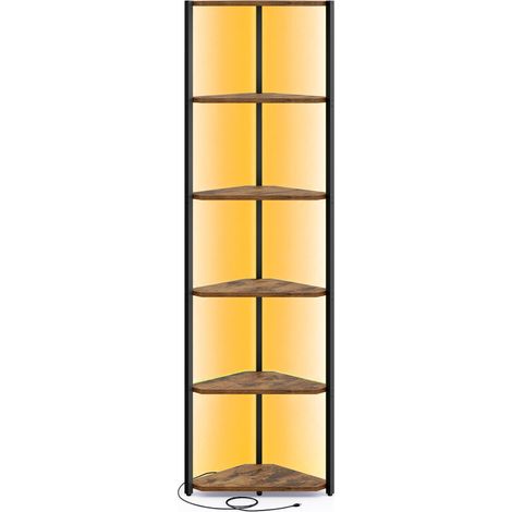 Étagère d'angle à 6 Niveaux, Bibliothèque avec Éclairage LED Réglable, Meuble de Rangement avec Cadre en Acier, 24,8 x 48 x 182,1 cm, pour Salon, Chambre, Bureau, Marron Rustique LBC591KD01 (1/5)