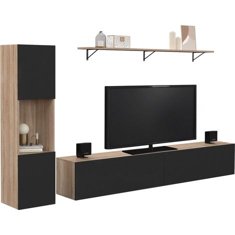Idmarket – Ensemble meuble TV 180 cm – Colonne murale et étagère – Bois et noir – Rangements fermés et ouverts – Pour écran jusqu'à 70 pouces