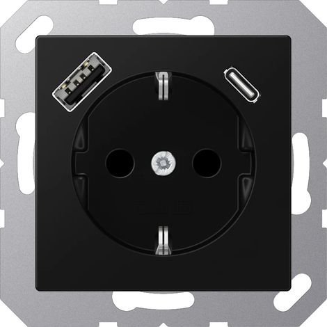 Jung Toma de corriente SCHUKO®, 16 A 250 V , con cargador USB, 1 x Typ A + 1 x Typ C, SAFETY+, Serie A, graphitschwarz matt A 1520-15 CA SWM