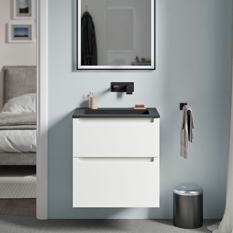 Unterschrank Bernstein VIREO 60 cm mit Mineralguss Waschbecken BRUXELLES - Korpus Weiß matt, Waschbecken Schwarz matt ohne Hahnloch