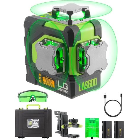 Niveau Laser 3x360° Vert, Laser Croisé Auto-Nivellant 3D, 2 Batteries Lithium Rechargeables, Adaptateur de Réglage, Lunettes et Étui Rigide (1/5)