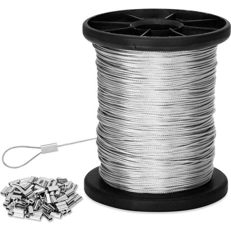 61 m (200 ft) Edelstahlseil, 0,8 mm (1/32 in) Durchmesser, mit 50 Aluminiumhülsen zum Aufhängen von Lichterketten, Wäscheleinen und Zaunschlingen. (1/5)
