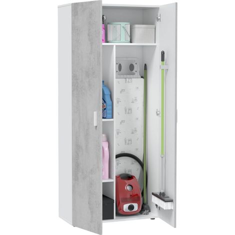 Armadio multiuso 2 ante Ashkita, Mobile ausiliario 3 ripiani, Guardaroba porta scope, 80x37h182 cm, Cemento e Bianco