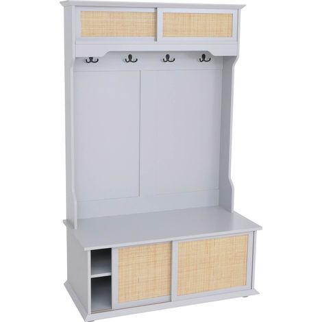 [NEUWERTIG] Garderobe HHG-655, Flurgarderobe Holzgarderobe, Melamin Kubu Rattan 163x100x47cm hellgrau