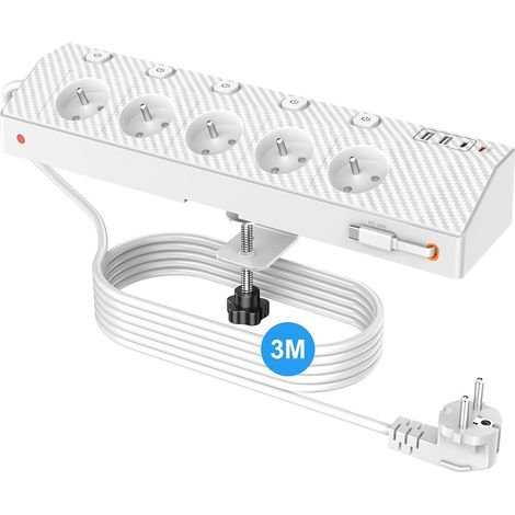 Multiprise avec USB-C 30W, Prise Française de Table, Câble 3M, Blanc 5 Prises Secteur et 5 USB, 4000W avec Interrupteurs Individuels, Parafoudre et Surtension, Mult Prise pour Maison et Bureau (1/5)