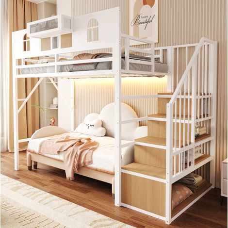 Hochbett 90 x 200 cm mit Stauraumtreppe und Lichtband, weiß HAVRYA (1/5)