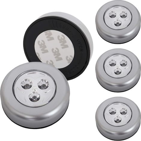 Lot de 5 spots LED autocollants - éclairage sans fil pour meubles - placards etc. - à piles - fonction on/off par pression - Ø 6.8 cm, couleur titane (1/5)
