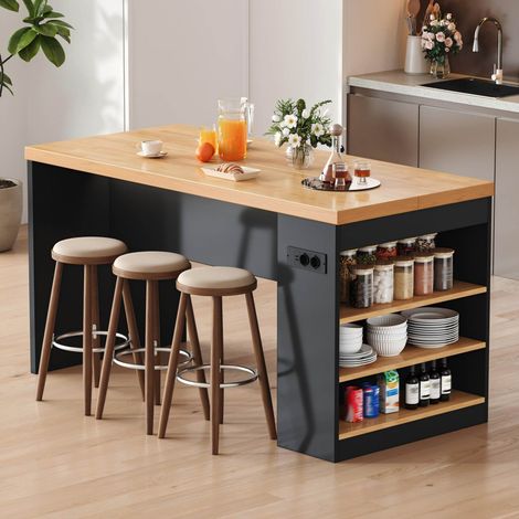 Îlot de cuisine 155x80x90 cm avec LED, prises et USB, 3 étagères ouvertes, plateau 40 mm MDF noir et naturel