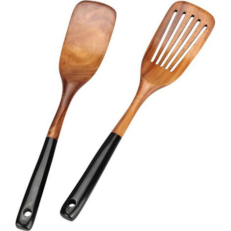 Ensemble de 2 spatules en bois - Spatule plate en bois - Spatule à poêle - Idéale pour mélanger la pâte à frire/retourner les hamburgers - Couleur bois marron (1/4)