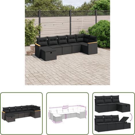 vidaXL Canapé en résine - Salon de jardin 7 pcs avec coussins noir résine tressée (1/5)