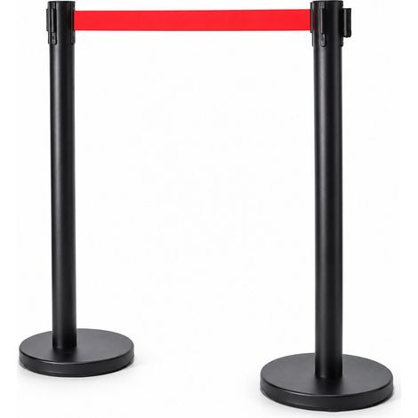 Relaxdays Crowd Control Barrier Posts, Set of 2, 3 m Retractable Belt, H x Dia. 90 x 31 cm, Stainless Steel, Black/Red (1/5)