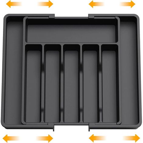 Organisateur de tiroir à ustensiles extensible, plateau à couverts réglable pour le rangement de la cuisine, 8 compartiments, plastique PP noir (33-57 cm) (1/5)
