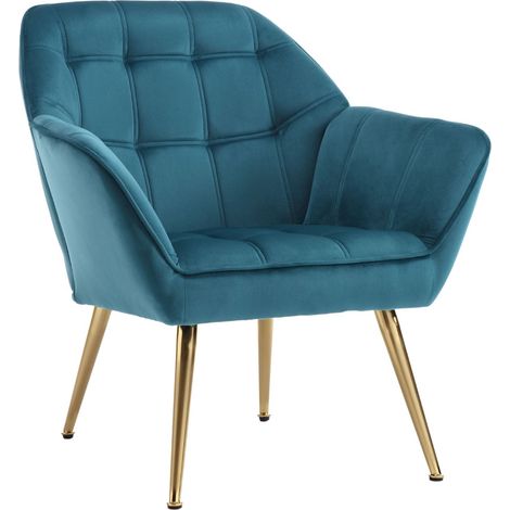Sillón Moderno en Terciopelo Grueso Acolchado Cómodo Ocio Silla con Patas de Metal para Dormitorio sala de Estar, Azul, Wahson
