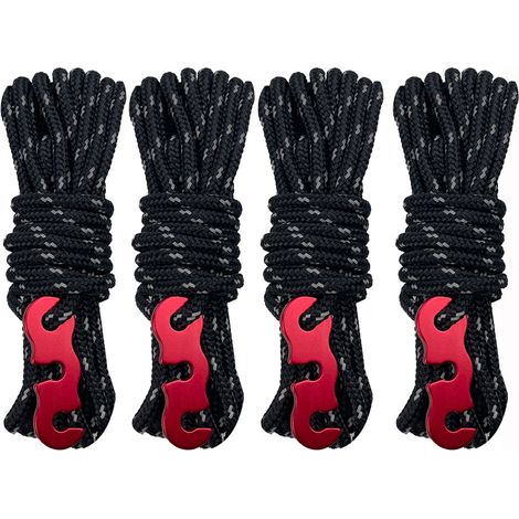 Corde de fixation pour tente avec boucle en S et tendeur - Corde de fixation réfléchissante et lumineuse de 4 mètres pour rideau de toit de tente de camping extérieur, noire