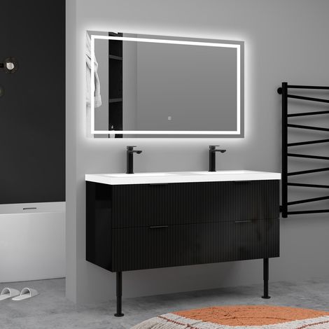 AICA Meuble de salle de bain Strié Brillant, Meuble de sol 120cm avec simple lavabo + 4 tiroirs, Noir (1/5)