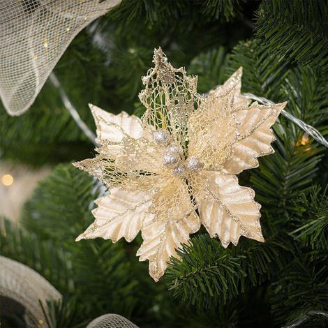 Ornement De Noël - Fleur Champagne Avec Paillettes - Décoration Intérieure Et Pour Fêtes - Pour Arbre À Noël, Cheminée, Vitre - 20 cm - Or - Lot De 1 (1/5)