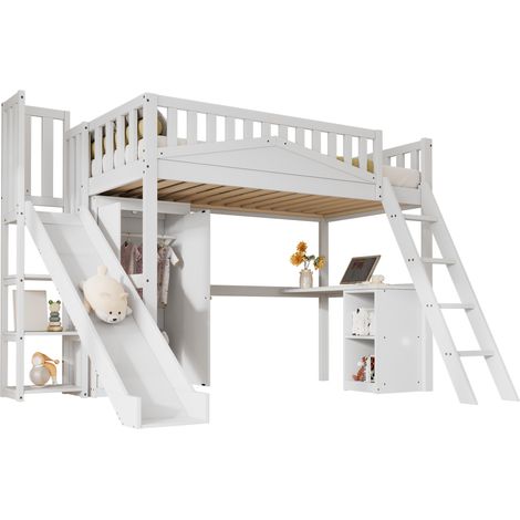 Lit superposé, lit pour enfant, avec barrière de sécurité, avec table et armoire, grand espace de rangement, avec échelle à quatre marches, pin+MDF+contreplaqué, blanc, 90x200cm