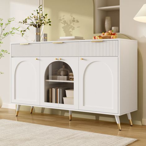 Buffet bas 140x40x85,5 cm avec 4 portes en acrylique, 3 tiroirs, étagères intérieures, pieds en bois, poignées métal, meuble salon - Blanc (1/5)