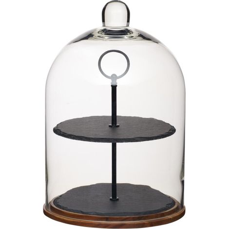 Artesà Soporte de 2 Niveles/Cúpula para Tartas, Cubierta de Cristal para Exhibición de Almacenamiento con Platos de Pizarra Escalonados y Base de Madera, 22 x 31 cm - Negro/Cristal Transparente/Madera