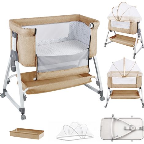 Lettino 2 in 1 per neonati con regolazione in altezza a 6 livelli e ruote, letto aggiuntivo per casa e viaggio, 80X40X100-116cm, color crema (1/5)
