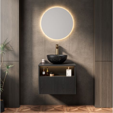 Meuble vasque suspendu 60 cm noir avec vasque céramique, tiroir, étagère et LED (1/5)