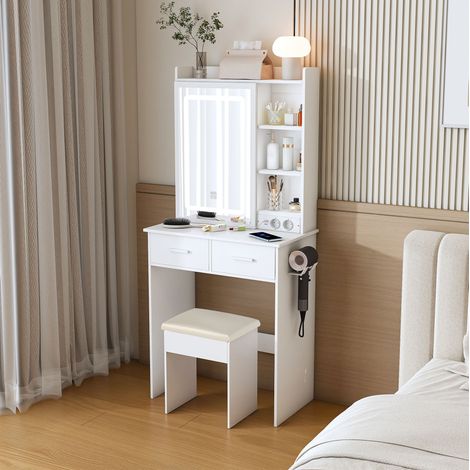 Coiffeuse 60 x 36 x 136 cm blanche – miroir LED réglable, prises intégrées (1/5)