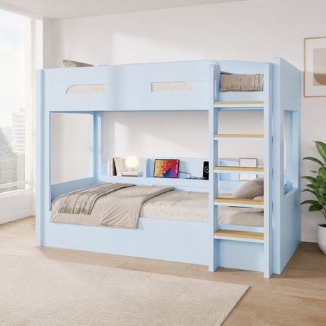 REDOM Litera 123.5x204x196.5 cm, con toma USB y estantes laterales, madera maciza y MDF, azul (1/5)