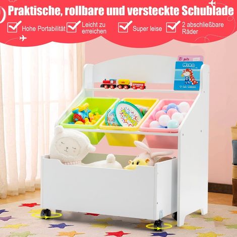 Scaffale porta-giocattoli per bambini con ruote, MDF bianco