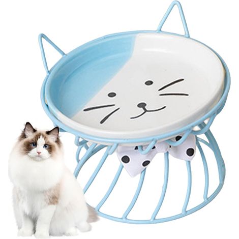 Gamelle pour chat en céramique avec support, jolie gamelle surélevée pour chien, bleue (1/4)