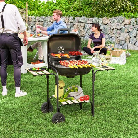 Barbecue charbon de bois chariot de cuisson avec surface de cuisson 1840 cm² avec couvercle, étagères et roues, noir