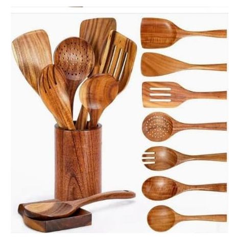 Ensemble d'ustensiles de cuisine 9 pièces : couverts en bois, poêle antiadhésive, spatule en bois, cuillère à soupe en bois massif à long manche. (1/5)