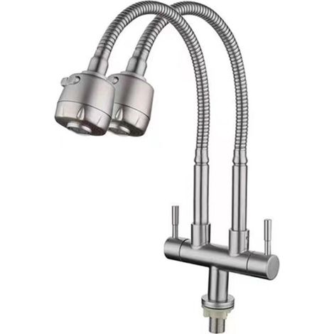 Robinet mural monopoint en acier inoxydable 304 pour éviers et lavabos - Double tuyau, double sortie, double ouverture, orientable - Modèle universel vertical à double tuyau brossé